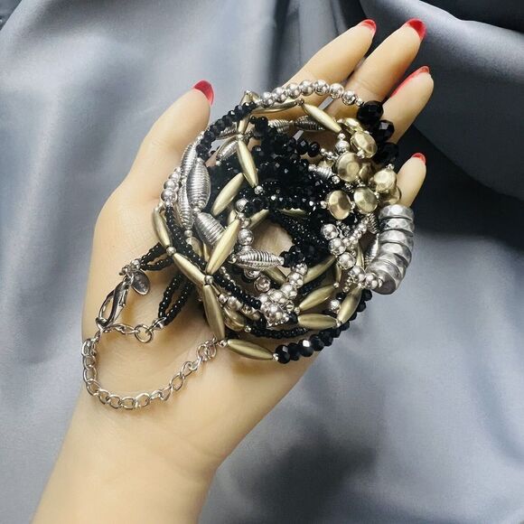 Chico's Statement Necklace Long Layered 3 Strand Beaded Black Silver Gold 1120 - Picture 8 of 11